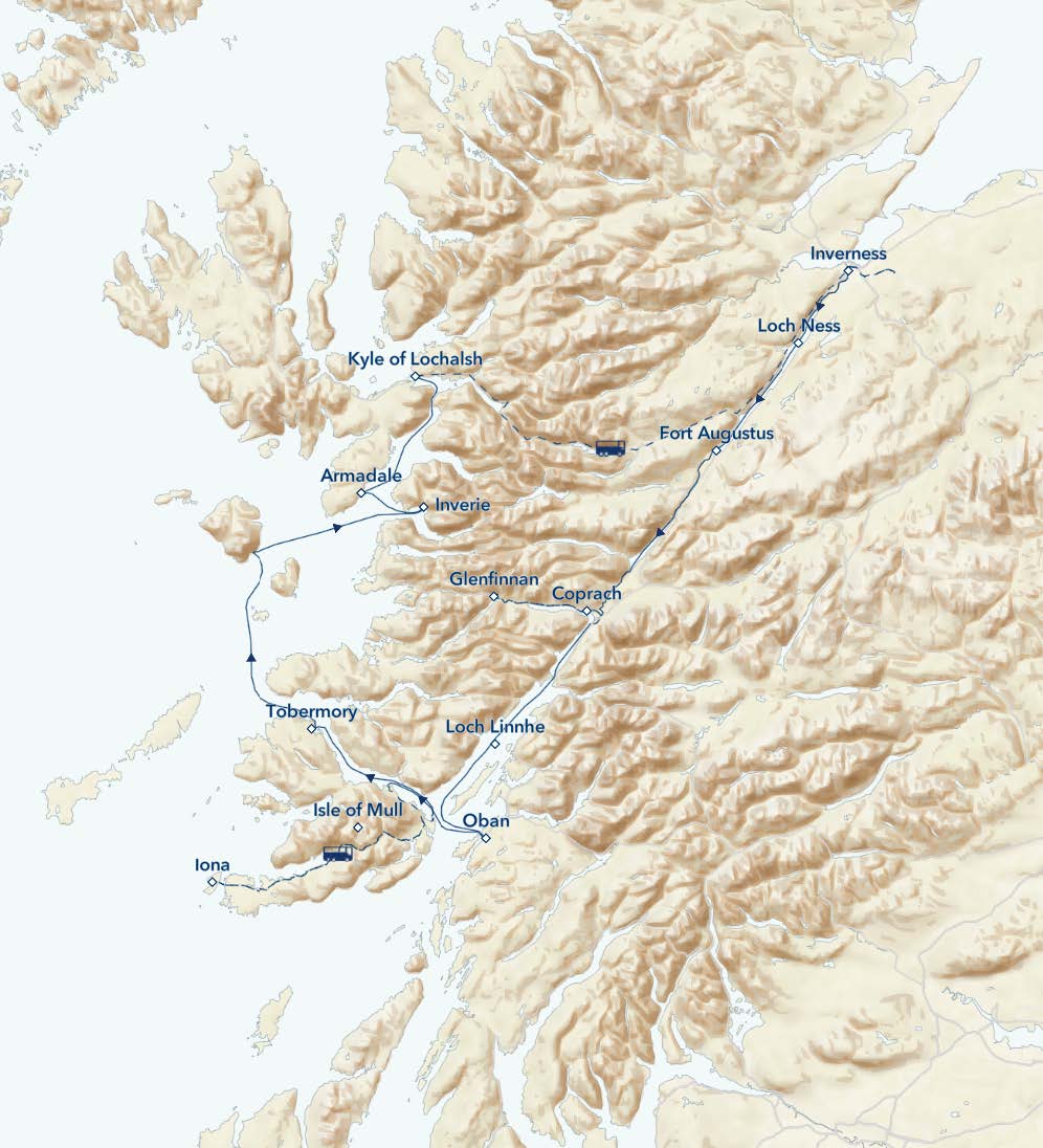 westbound route map of small ship cruise scottlands highlands small ship cruise with stops shown in blue along the way