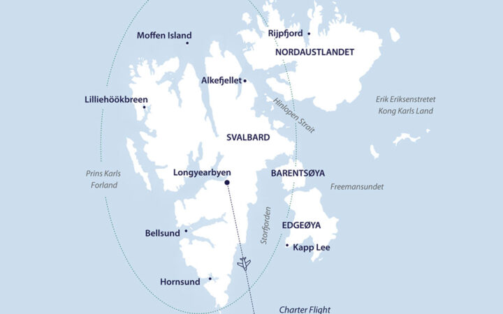 Route map of the Spitsbergen: Realm of the Ice Bear Cruise round-trip from Longyearbyen, Svalbard, bookended by flights from/to Oslo, Norway.