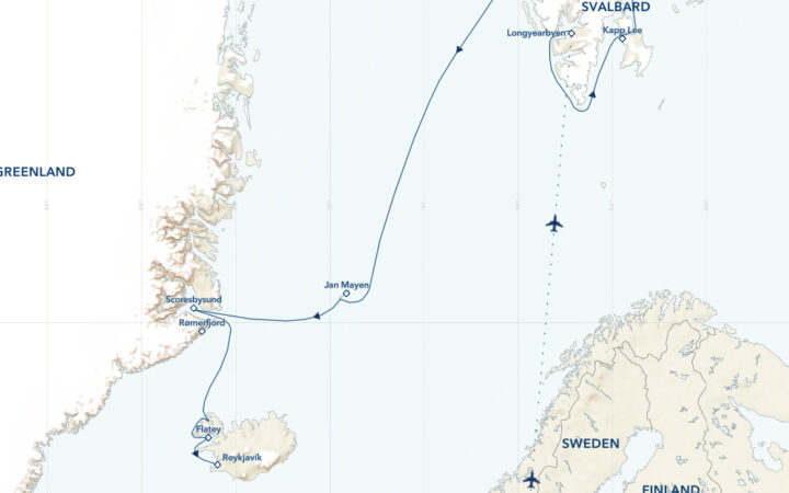 Route map of Svalbard, Iceland & Greenland's East Coast cruise, from Oslo, Norway, to Reykjavik, Iceland, with visits to Svalbard, Jan Mayen & eastern Greenland.