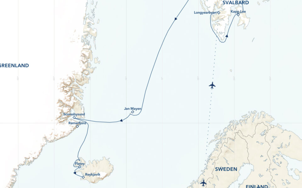 Route map of Svalbard, Iceland & Greenland's East Coast cruise, from Oslo, Norway, to Reykjavik, Iceland, with visits to Svalbard, Jan Mayen & eastern Greenland.