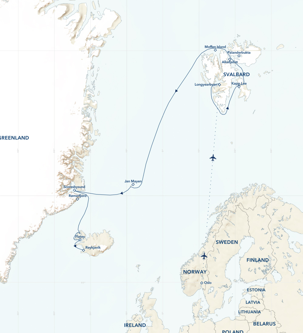 Route map of Svalbard, Iceland & Greenland's East Coast cruise, from Oslo, Norway, to Reykjavik, Iceland, with visits to Svalbard, Jan Mayen & eastern Greenland.