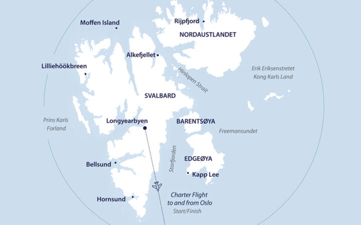 Route map of the Svalbard In Depth cruise round-trip from Longyearbyen, Svalbard, bookended by flights from/to Oslo, Norway.