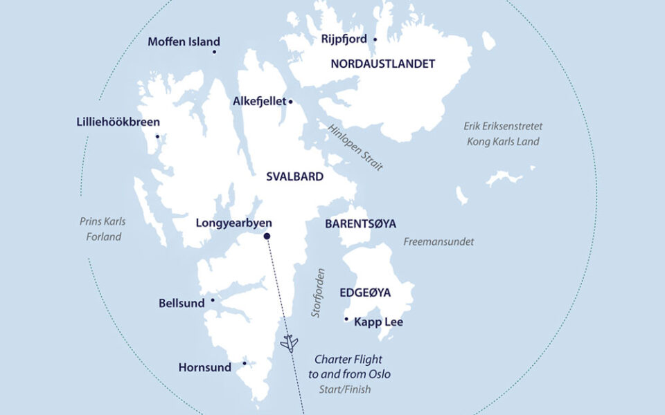 Route map of the Svalbard In Depth cruise round-trip from Longyearbyen, Svalbard, bookended by flights from/to Oslo, Norway.