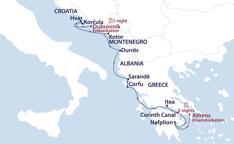 Route map of Tide of Time: Dubrovnik to Athens small ship cruise with visits in Montenegro & Albania.