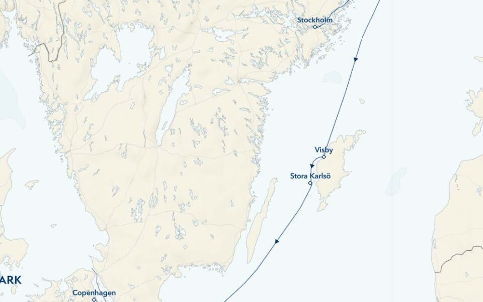 Route map of small ship cruise from Stockholm, Sweden, to Copenhagen, Denmark aboard small ship cruise national geographic