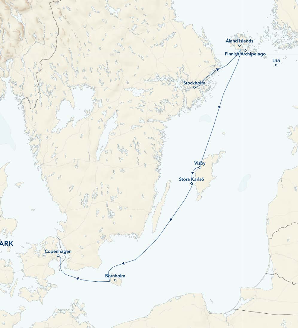 Route map of small ship cruise from Stockholm, Sweden, to Copenhagen, Denmark aboard small ship cruise national geographic