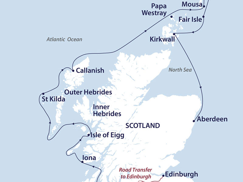 Route map of Wild Scotland cruise, operating from Edinburgh with an overland transfer to embark Troon, up the west coast to the Shetland Islands, across the north and down the east coast to Aberdeen.