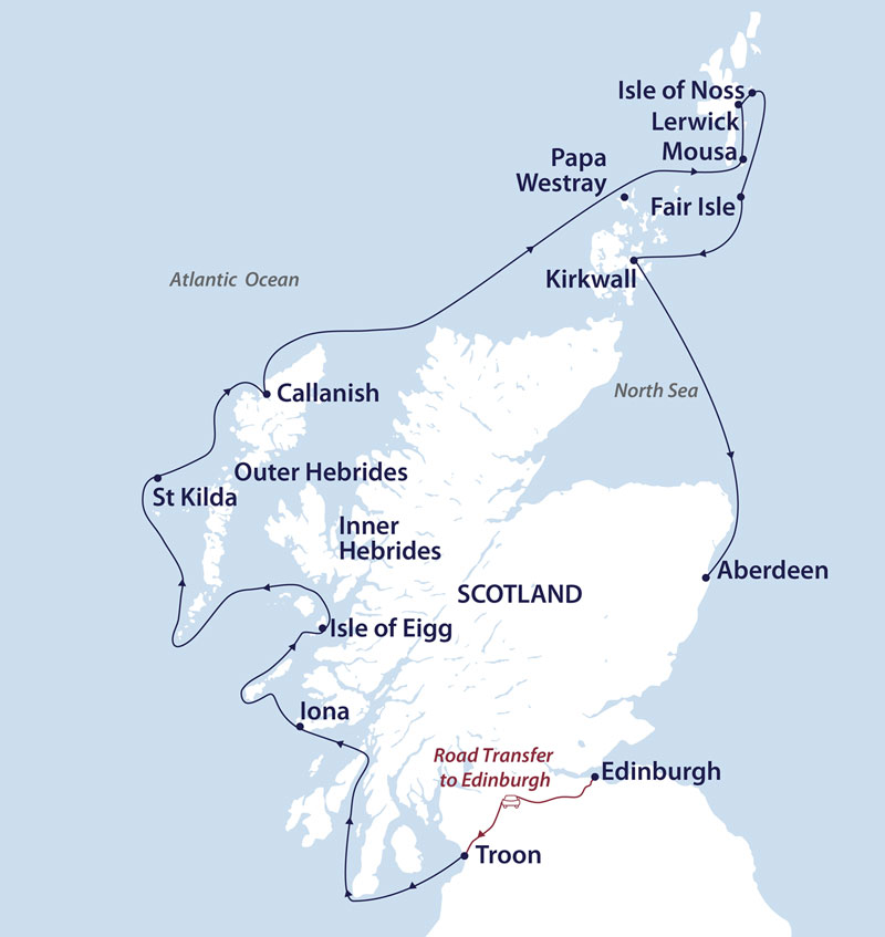 Route map of Wild Scotland cruise, operating from Edinburgh with an overland transfer to embark Troon, up the west coast to the Shetland Islands, across the north and down the east coast to Aberdeen.