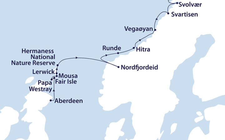 Route map of Wild Scottish Isles & Norwegian fjords cruises from Scotland to Norway, starting in Aberdeen and ending in Tromso.