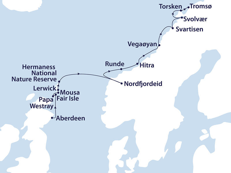Route map of Wild Scottish Isles & Norwegian fjords cruises from Scotland to Norway, starting in Aberdeen and ending in Tromso.