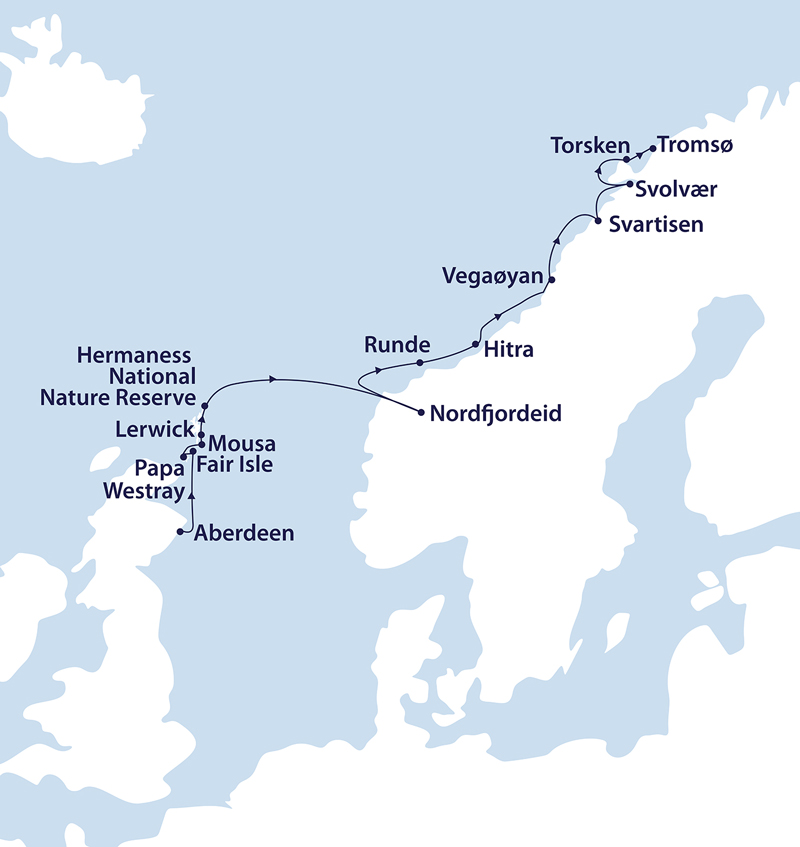 Route map of Wild Scottish Isles & Norwegian fjords cruises from Scotland to Norway, starting in Aberdeen and ending in Tromso.