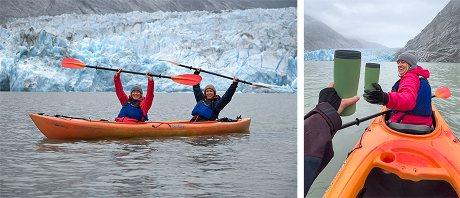 Collage: Two female travelers in orange kayak hold paddles above them, and cheers green mugs in the other, both with alaska glacier behind them.
