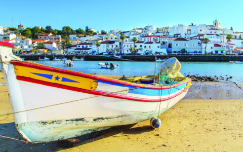 Small wooden boat pulled onto the beachy shore with beautiful white costal town behind