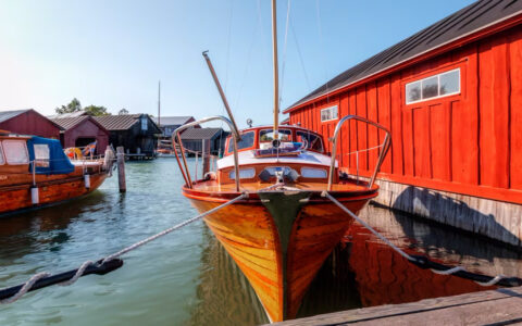 View of the embankment with yachts on the Coast of the Baltic Sea, Aland Islands, Finland
