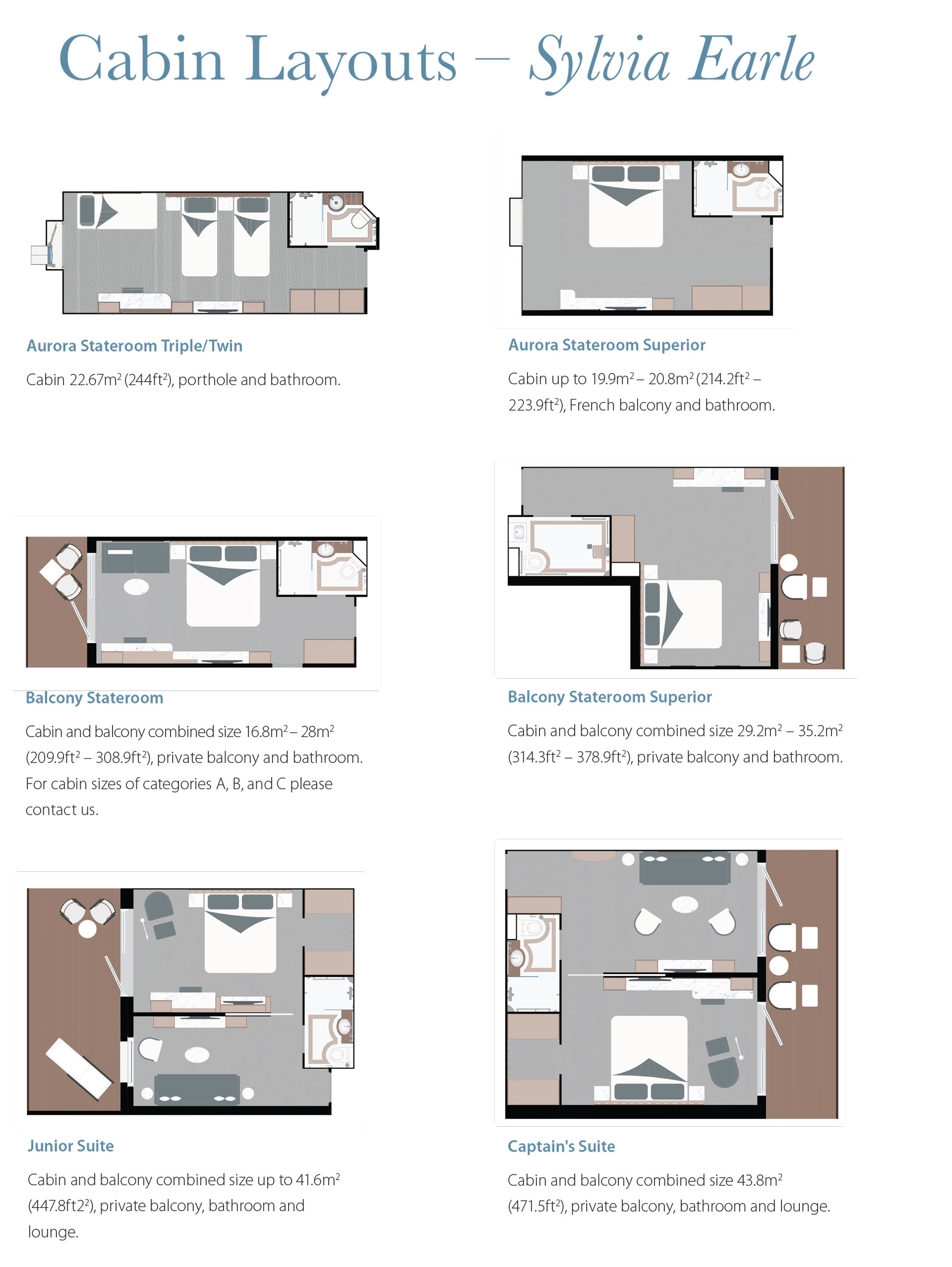 Bird's-eye view of 6 cabin configurations aboard Sylvia Earle ship.