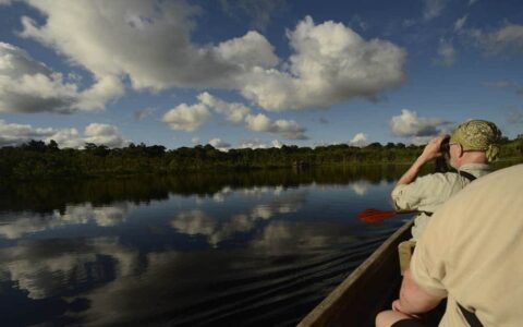 amazon travelers taking pictures from a small boat with the jungle in the distance on a sunny day with clouds above