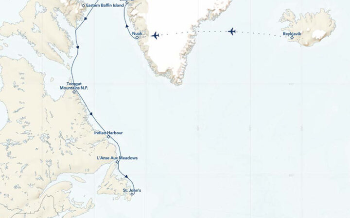 Route map of Fabled Lands of The North: Greenland to Newfoundland cruise from Reykjavik, Iceland to St. John's, Newfoundland with visits along western Greenland & northern Canada.