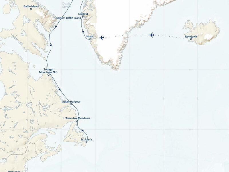 Route map of Fabled Lands of The North: Greenland to Newfoundland cruise from Reykjavik, Iceland to St. John's, Newfoundland with visits along western Greenland & northern Canada.