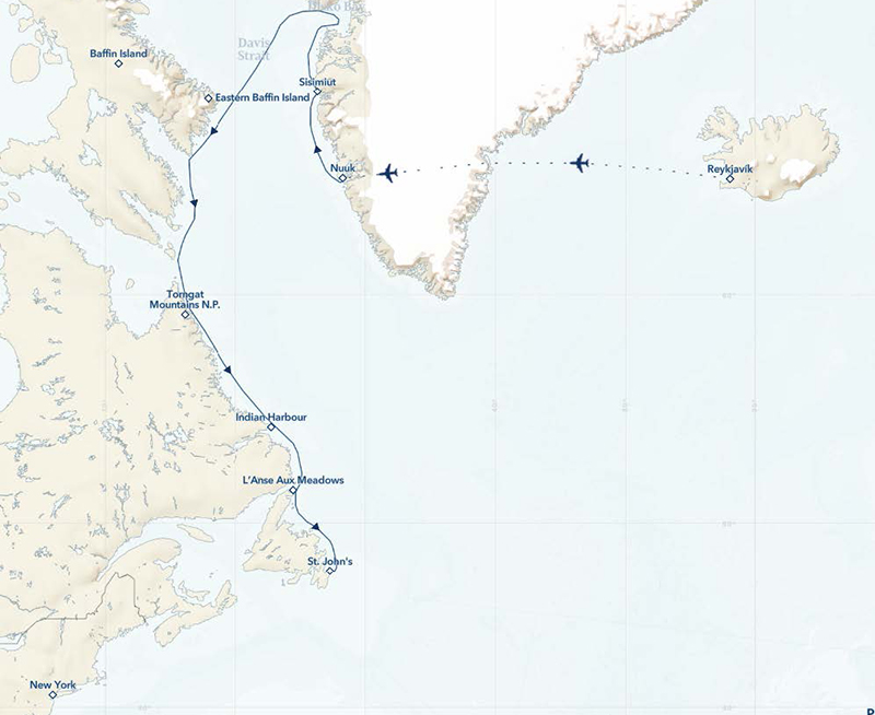 Route map of Fabled Lands of The North: Greenland to Newfoundland cruise from Reykjavik, Iceland to St. John's, Newfoundland with visits along western Greenland & northern Canada.