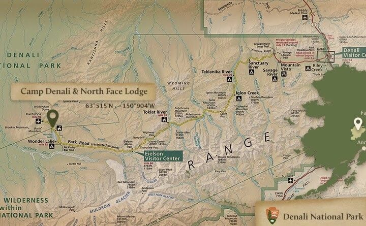 Map showing placement of Camp Denali within Denali National Park, Alaska.