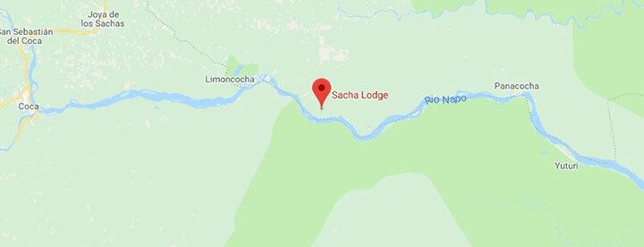 Map showing the placement of Sach Lodge, at Lake Pilchicocha along the Napo River in eastern Ecuador's Amazon rainforest basin.
