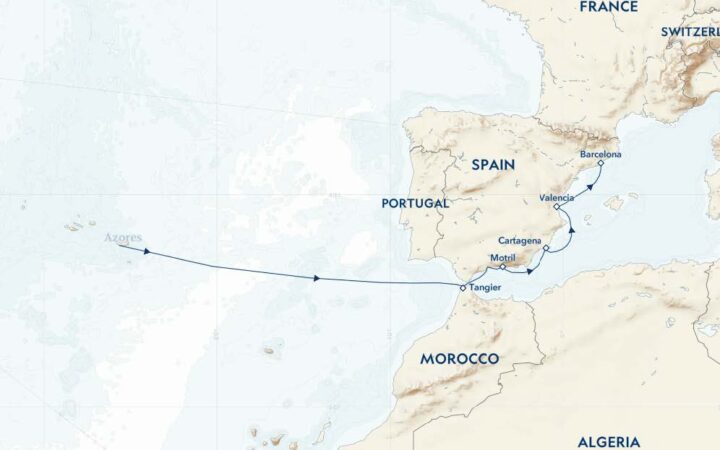 route map of small ship cruise from Azores to Barcelona aboard small ship cruise