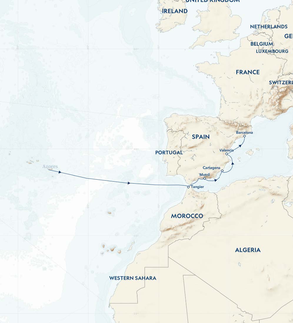 route map of small ship cruise from Azores to Barcelona aboard small ship cruise