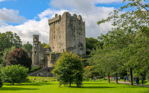 Tall beige Blarney Castle towers above green grass & various manicured trees on a sunny day in Ireland.