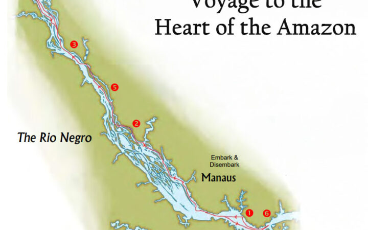 Map showing the 7-day cruise route of the Tucano in the Brazilian Amazon round-trip from Manaus with red numbers showing the days.