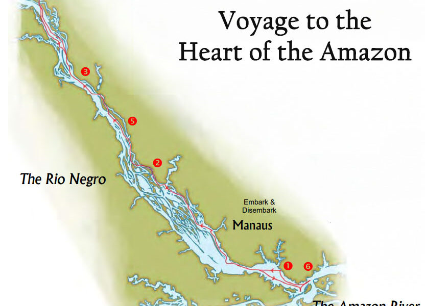 Map showing the 7-day cruise route of the Tucano in the Brazilian Amazon round-trip from Manaus with red numbers showing the days.