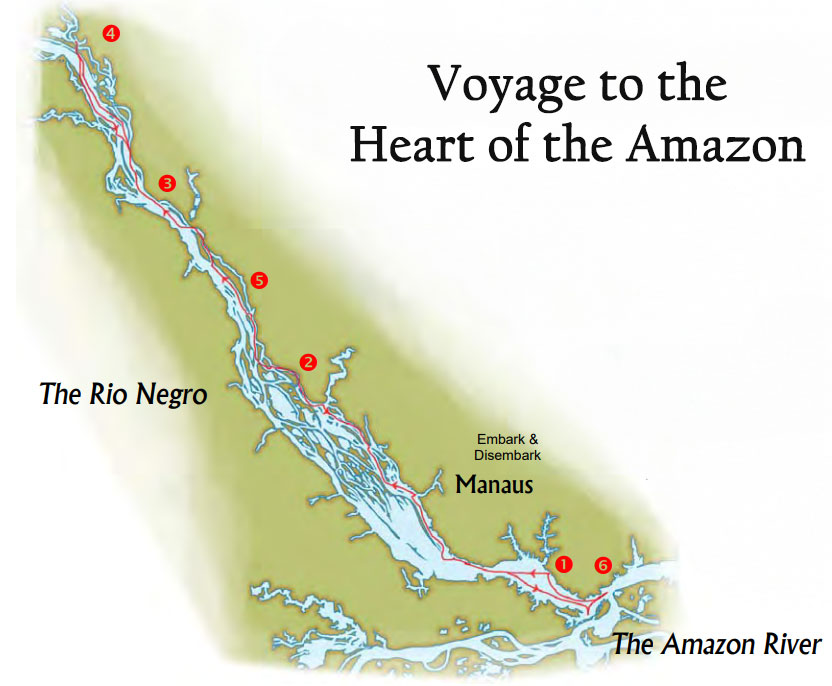 Map showing the 7-day cruise route of the Tucano in the Brazilian Amazon round-trip from Manaus with red numbers showing the days.