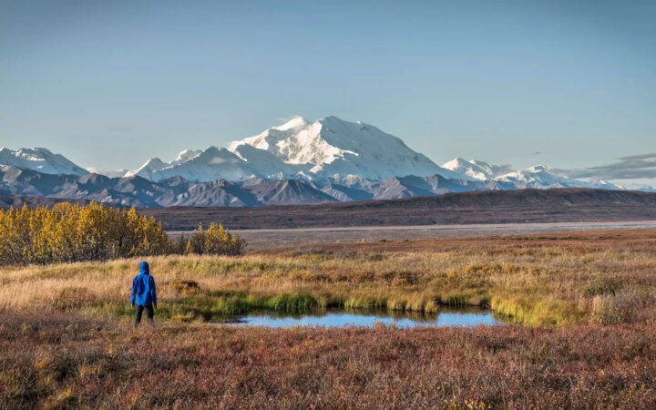 jacket stands beside pond in autumnal tundra with snow-covered peaks beyond on a clear day.