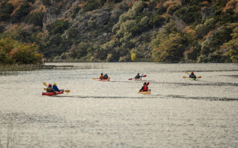 8 Explora Patagonia National Park kayakers paddle a wide, calm river beside hills of dense fall foliage & cliffs.