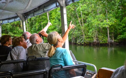 Travelers on New Guinea cruises sit in a small boat & point up into the green trees.