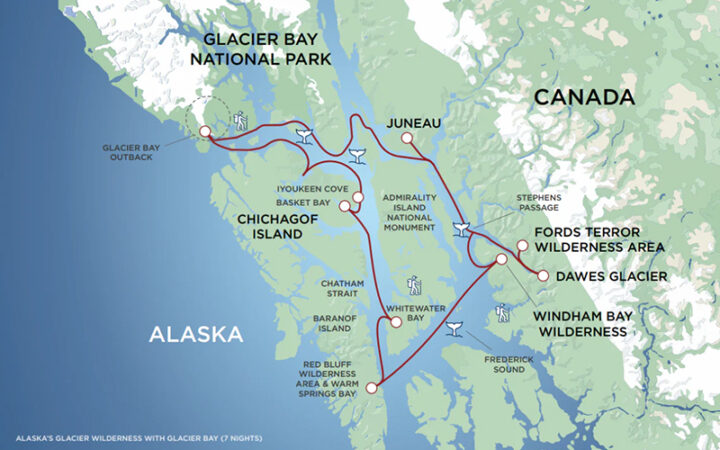 A red line on a green and blue map of the coastline of Alaska showing the route map of the Alaska's Wilderness Cruise, roundtrip from Juneau.