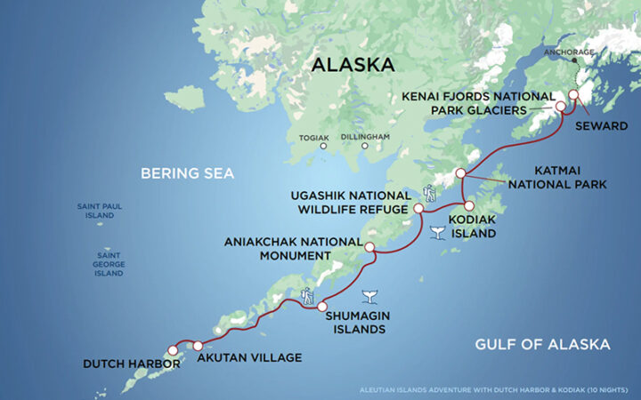 route map of aleutain islands adventure including dutch harbor aboard uncruise small ship
