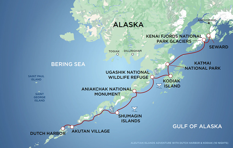 route map of aleutain islands adventure including dutch harbor aboard uncruise small ship