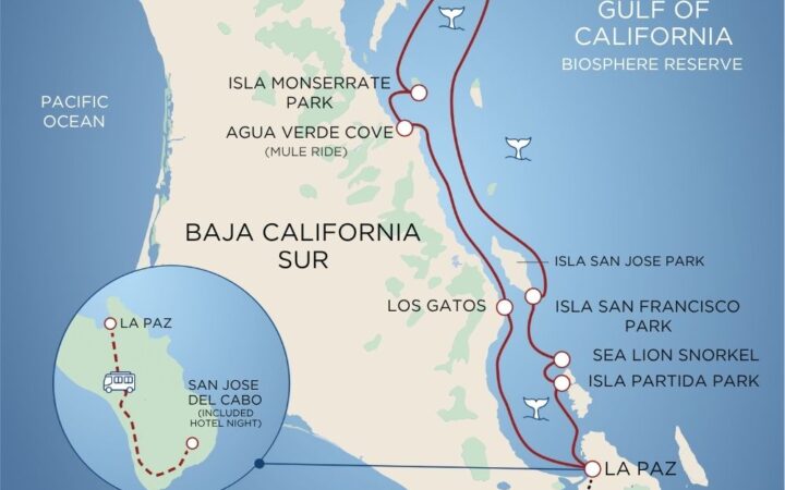 route map of small ship cruise steinbecks wake showing the route in red and highlighting each stop along the way