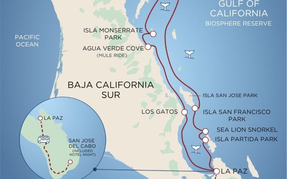route map of small ship cruise steinbecks wake showing the route in red and highlighting each stop along the way