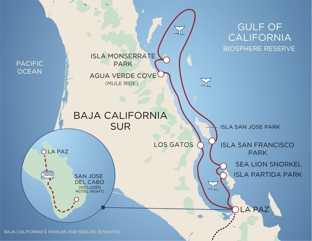route map of small ship cruise steinbecks wake showing the route in red and highlighting each stop along the way