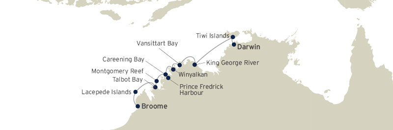 Route map of The Best of the Kimberley & Tiwi Islands cruise, operating between Darwin and Broome, Australia, with visits to Lacepede Islands, Talbot Bay, Montgomery Reef, Prince Frederick Harbor, Careening Bay, Winyalkan, Vansittart Bay, King George River & Tiwi Islands.
