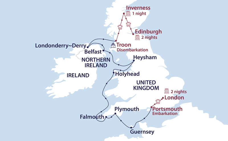 Route map of southbound A United Kingdom: The Crown & the Clans cruise from Portsmouth, England to Troon, Scotland via western Ireland, starting in London & ending in Edinburgh.