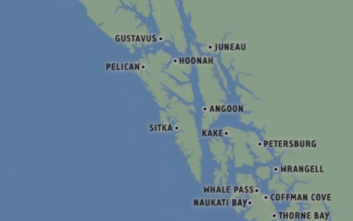 Route map of Culture & Ice sample itinerary for Alaska Quest Charter Cruises, showing various small towns in Southeast Alaska.