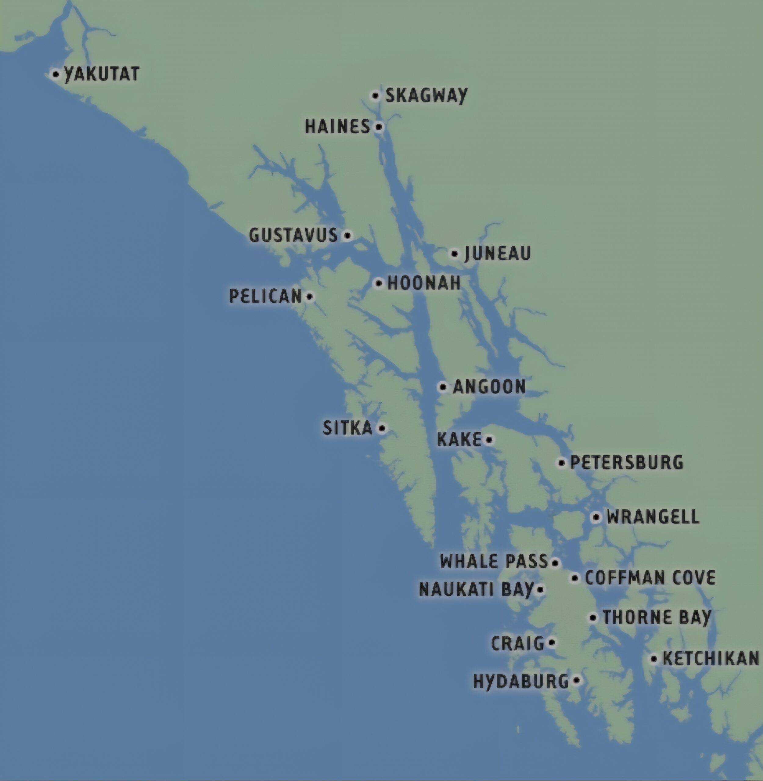 Route map of Culture & Ice sample itinerary for Alaska Quest Charter Cruises, showing various small towns in Southeast Alaska.