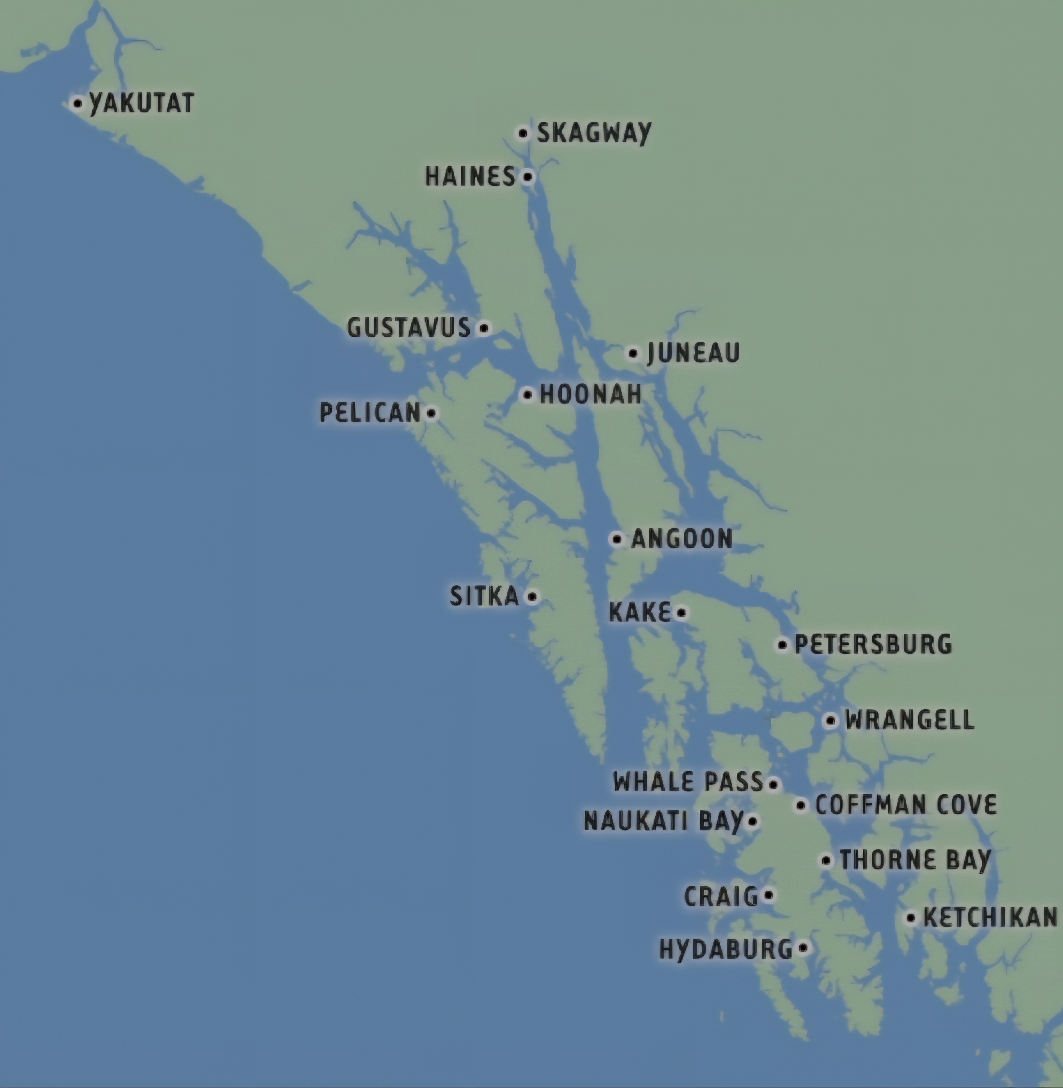 Route map of Culture & Ice sample itinerary for Alaska Quest Charter Cruises, showing various small towns in Southeast Alaska.