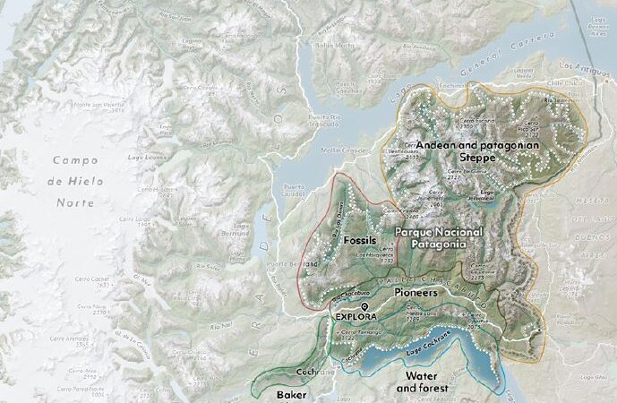 Route map of Explora Patagonia National Park showing where the lodge sits in northern Chilean Patagonia, with 5 exploration zones: Andean & Patagonian Steppe, Water & Forest, Fossils, Pioneers & Baker River.