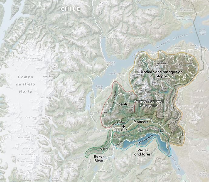 Route map of Explora Patagonia National Park showing where the lodge sits in northern Chilean Patagonia, with 5 exploration zones: Andean & Patagonian Steppe, Water & Forest, Fossils, Pioneers & Baker River.