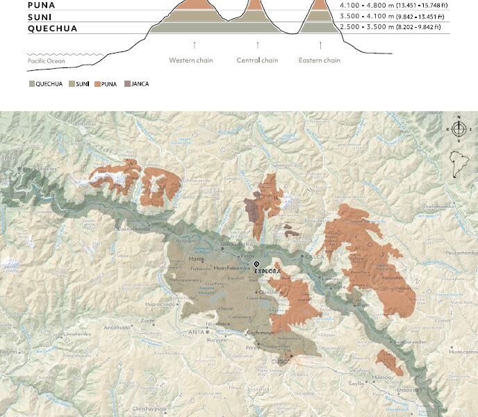 Route map of Explora Sacred Valley showing the lodge's location in Urquillos, Peru & 4 surrounding shaded zones of exploration with elevations.