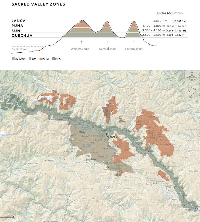 Route map of Explora Sacred Valley showing the lodge's location in Urquillos, Peru & 4 surrounding shaded zones of exploration with elevations.
