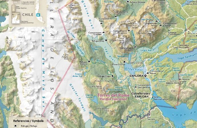Route map of Explora Torres del Paine, showing lodge location in the Chilean park & surrounding areas of exploration.